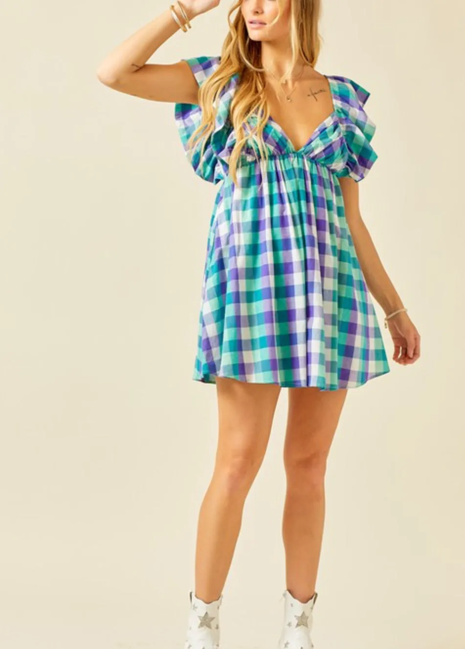 Plaid green/purple multi color mini dress