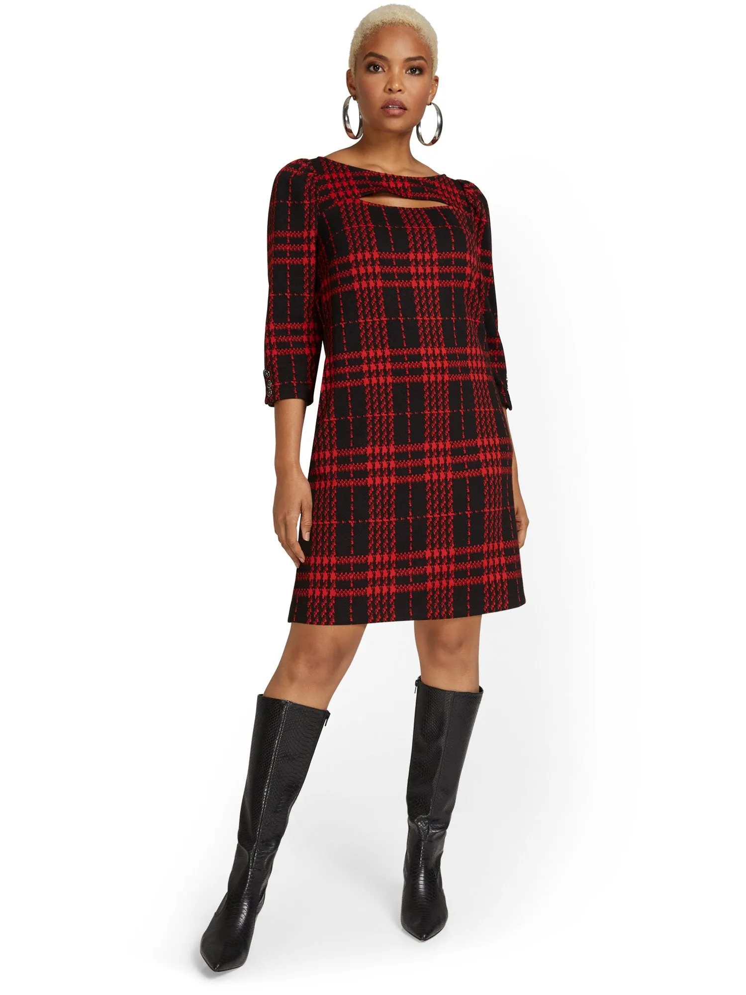 Plaid Puff-Sleeve Shift Dress - Superflex