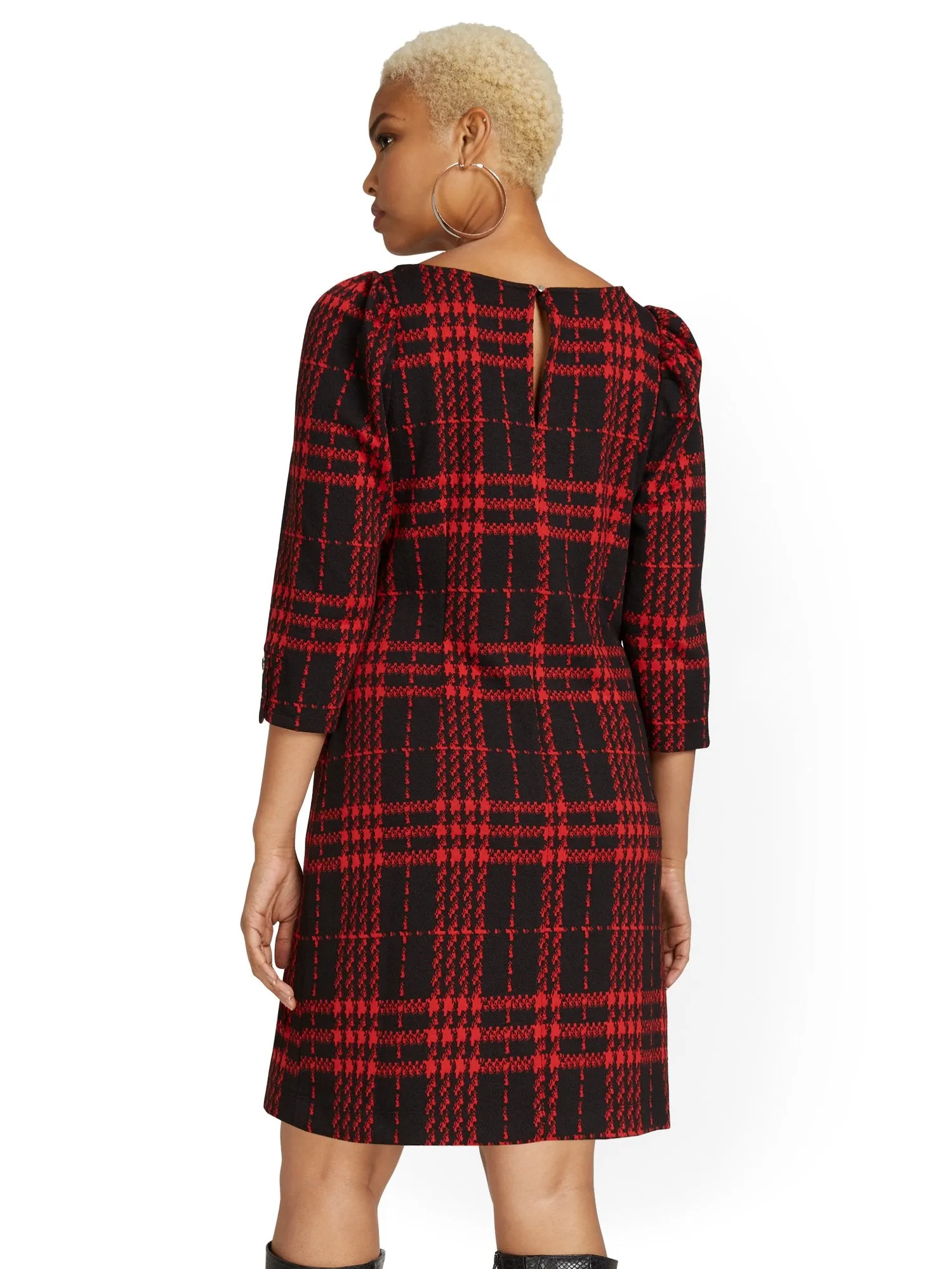 Plaid Puff-Sleeve Shift Dress - Superflex