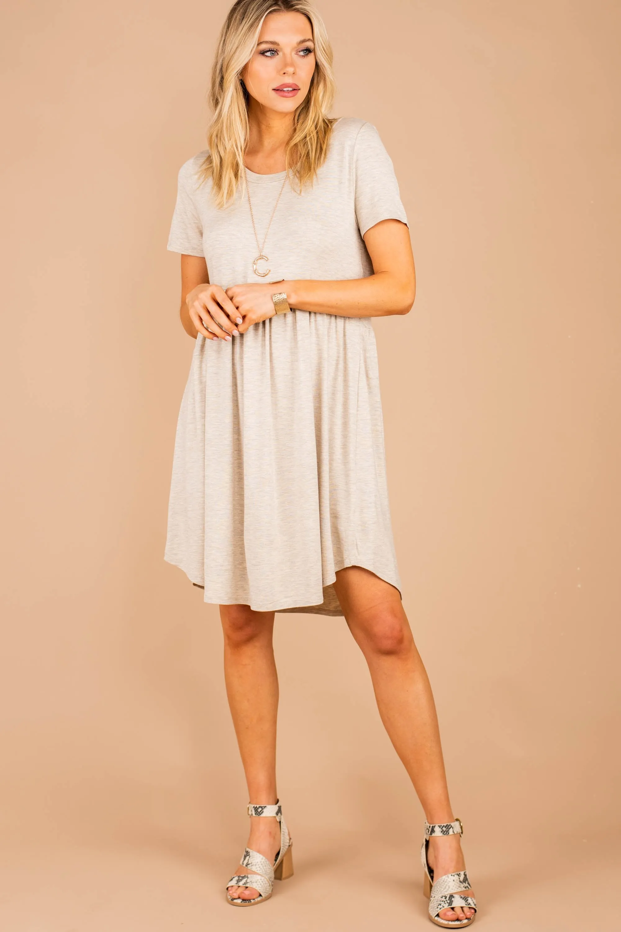 Playful Playlist Oatmeal Brown Babydoll Dress