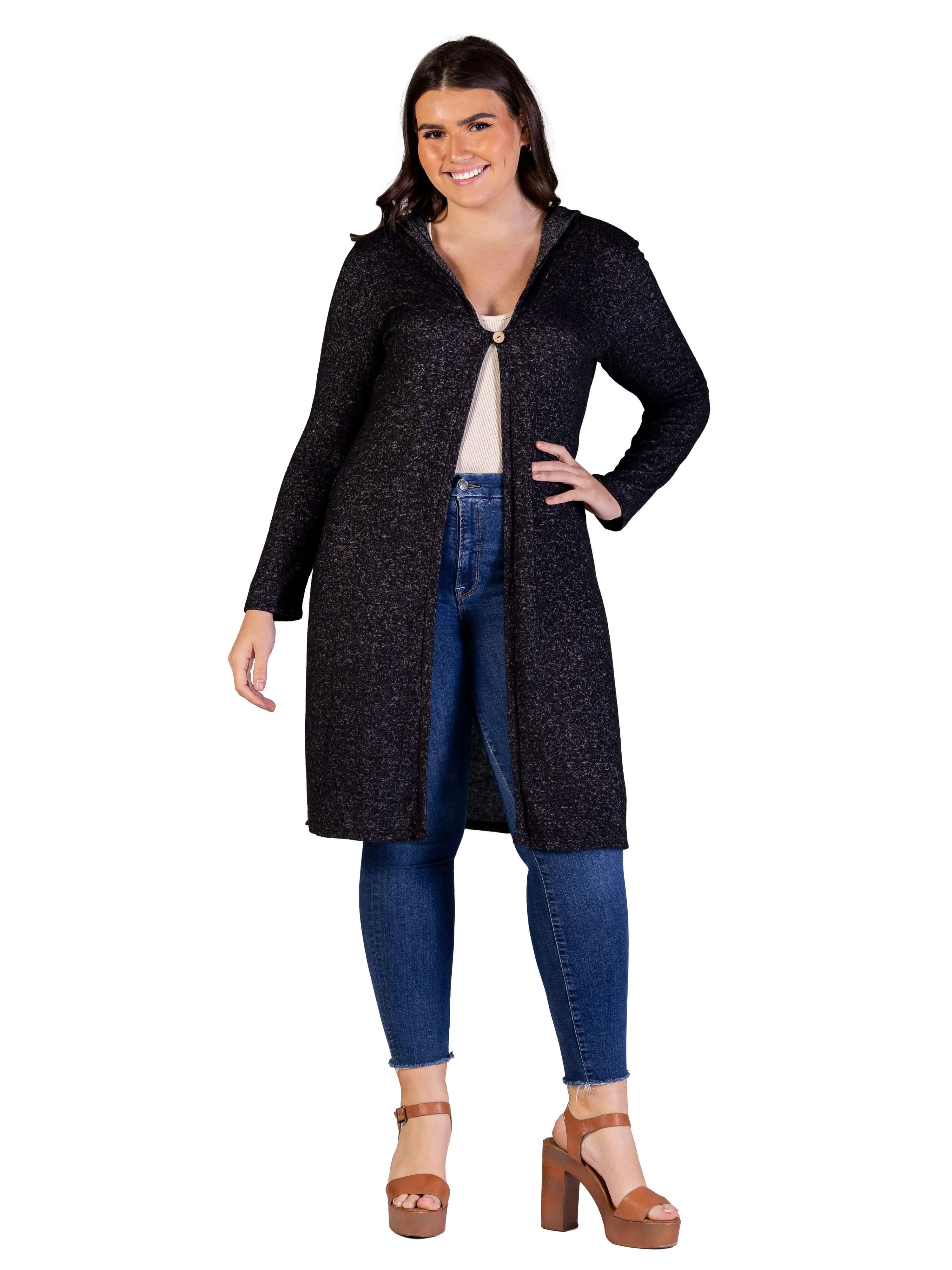 Plus Size Knee Length Long Sleeve Hooded Womens Cardigan Shrug