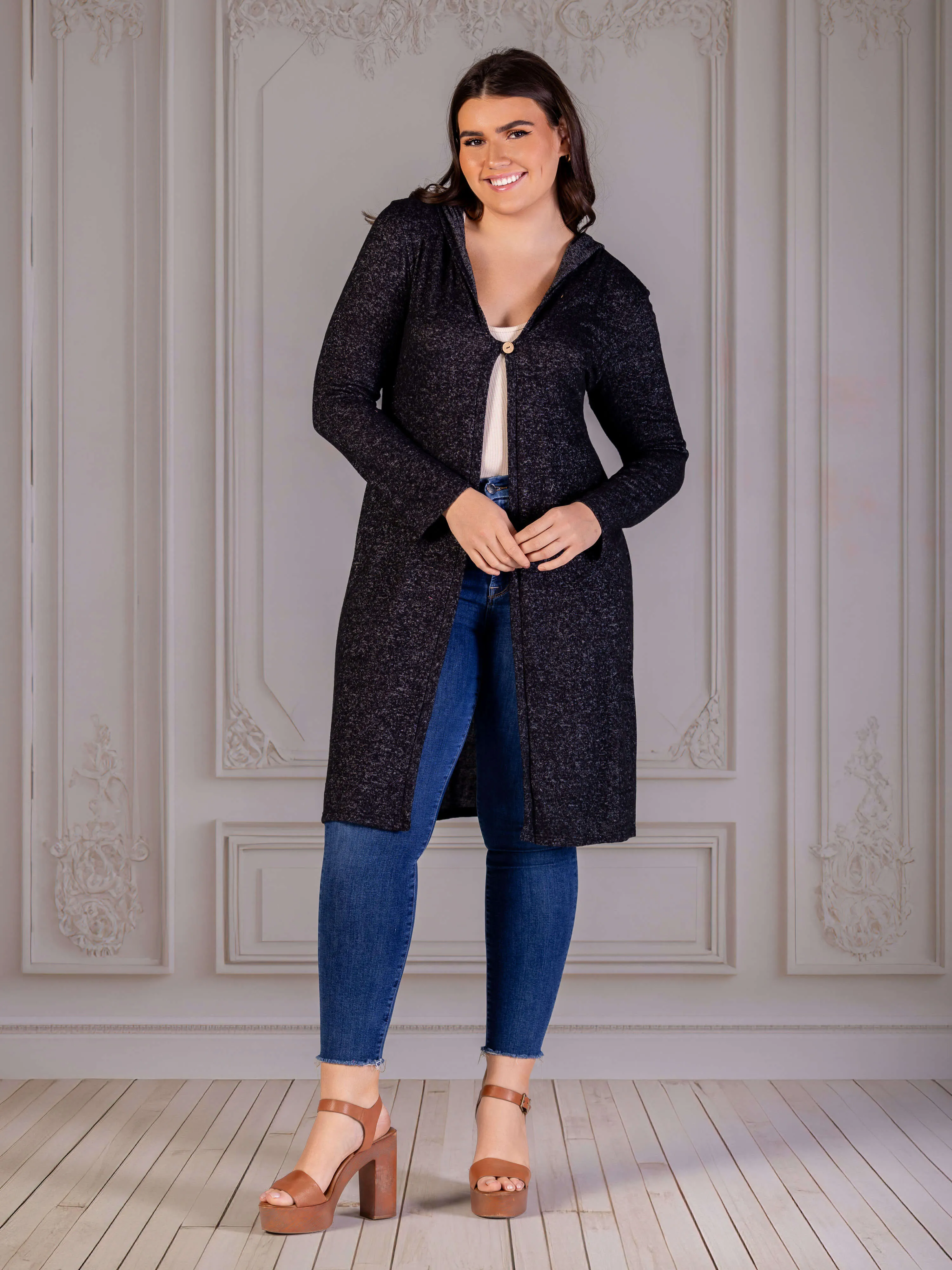 Plus Size Knee Length Long Sleeve Hooded Womens Cardigan Shrug