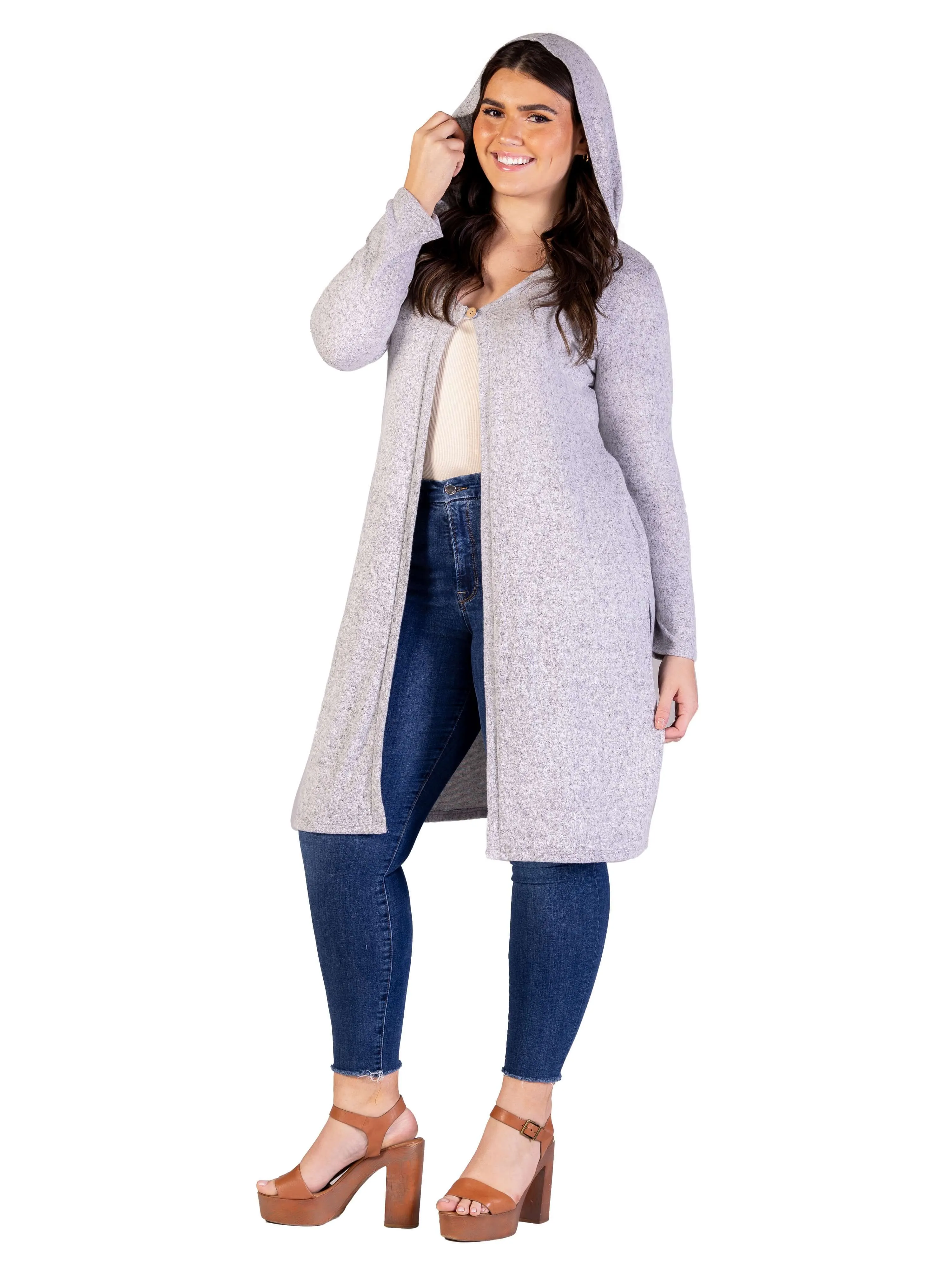 Plus Size Knee Length Long Sleeve Hooded Womens Cardigan Shrug