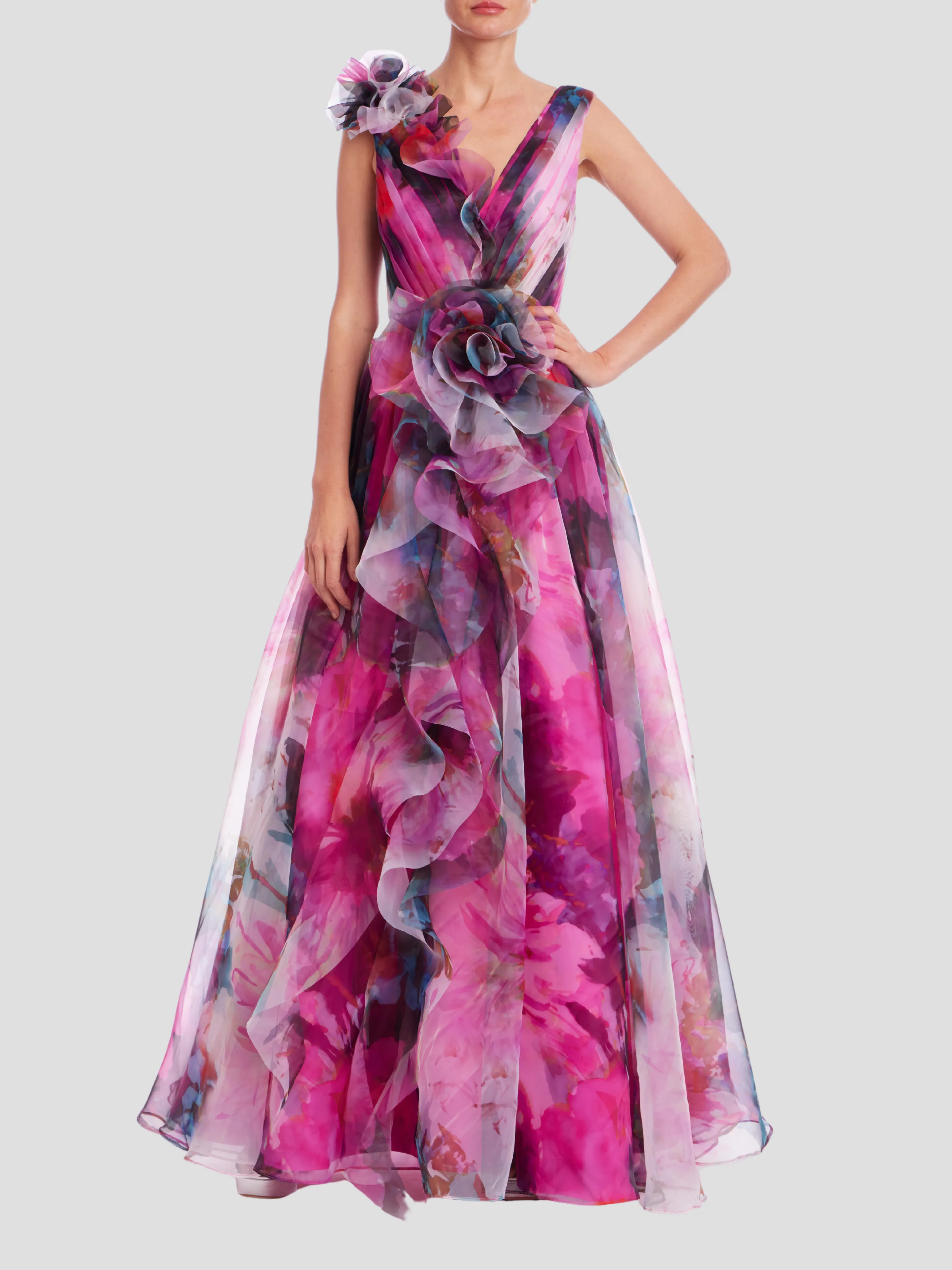 Print Organza Cascade Gown