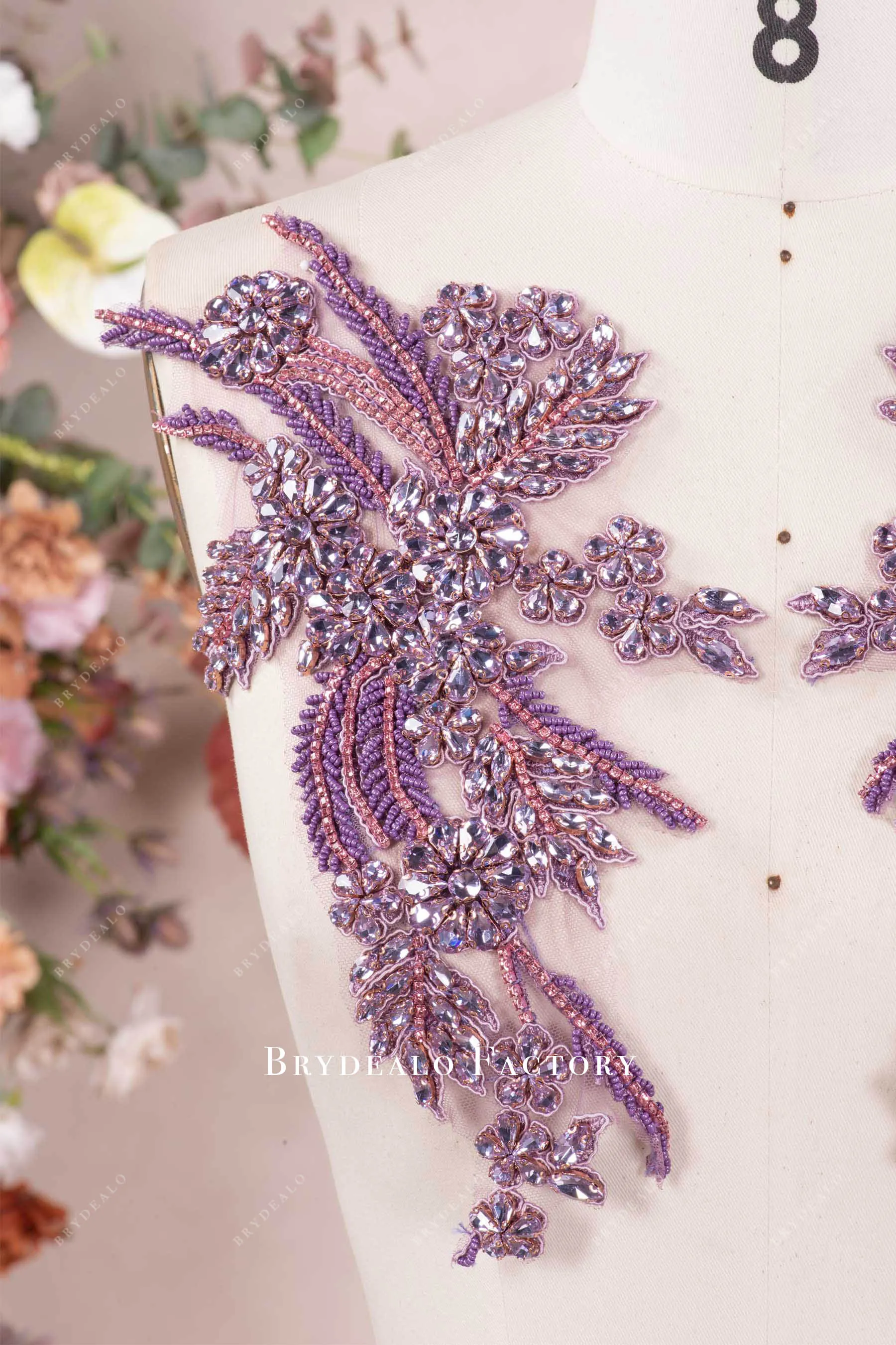 Purple Embroidery Rhinestones Appliques Sold As A Pair