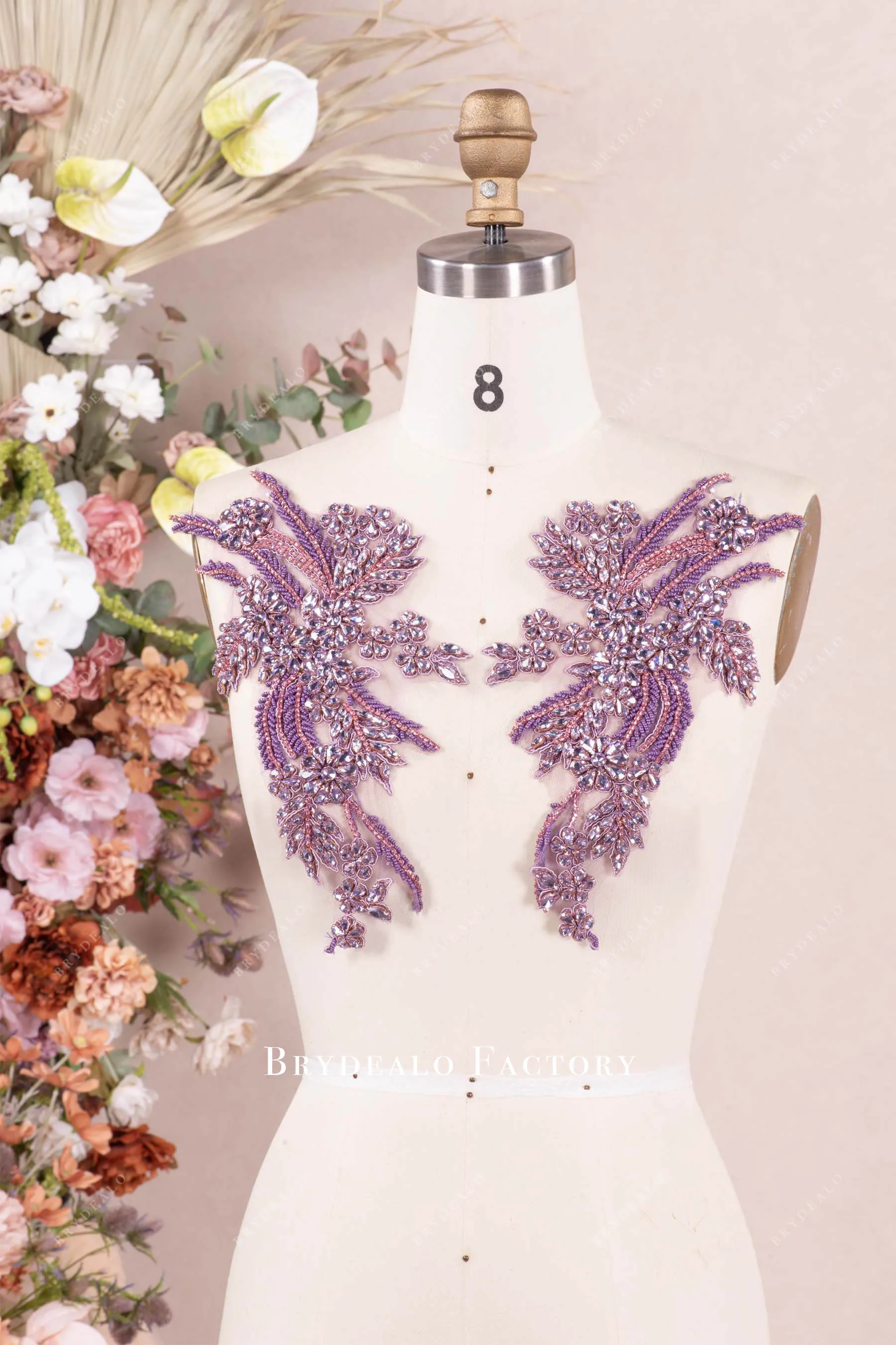 Purple Embroidery Rhinestones Appliques Sold As A Pair