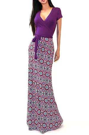 Purple Two Tone Short Sleeve V-Neck Abstract Maxi Dress