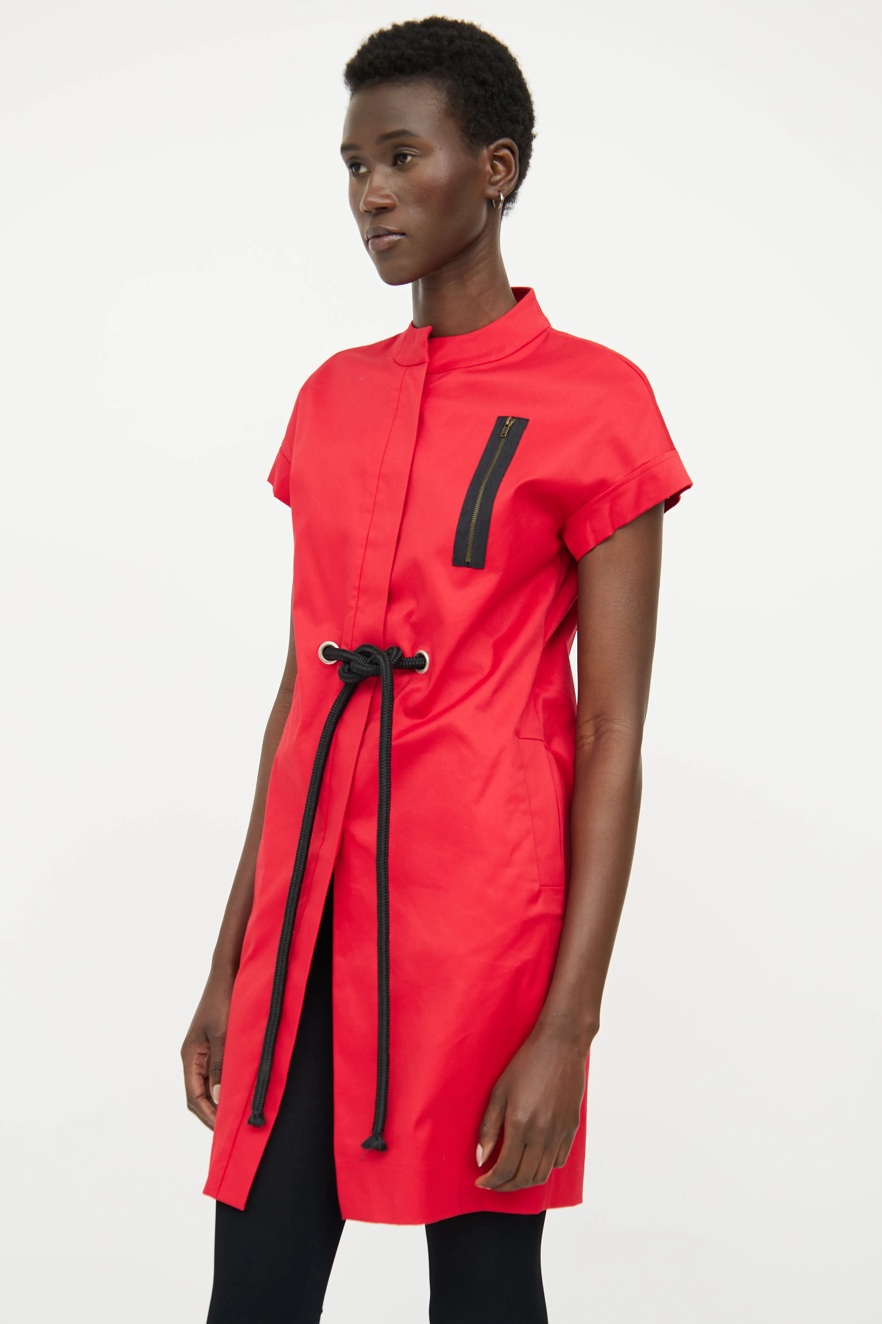 Red Button Cord Modern Collar Dress