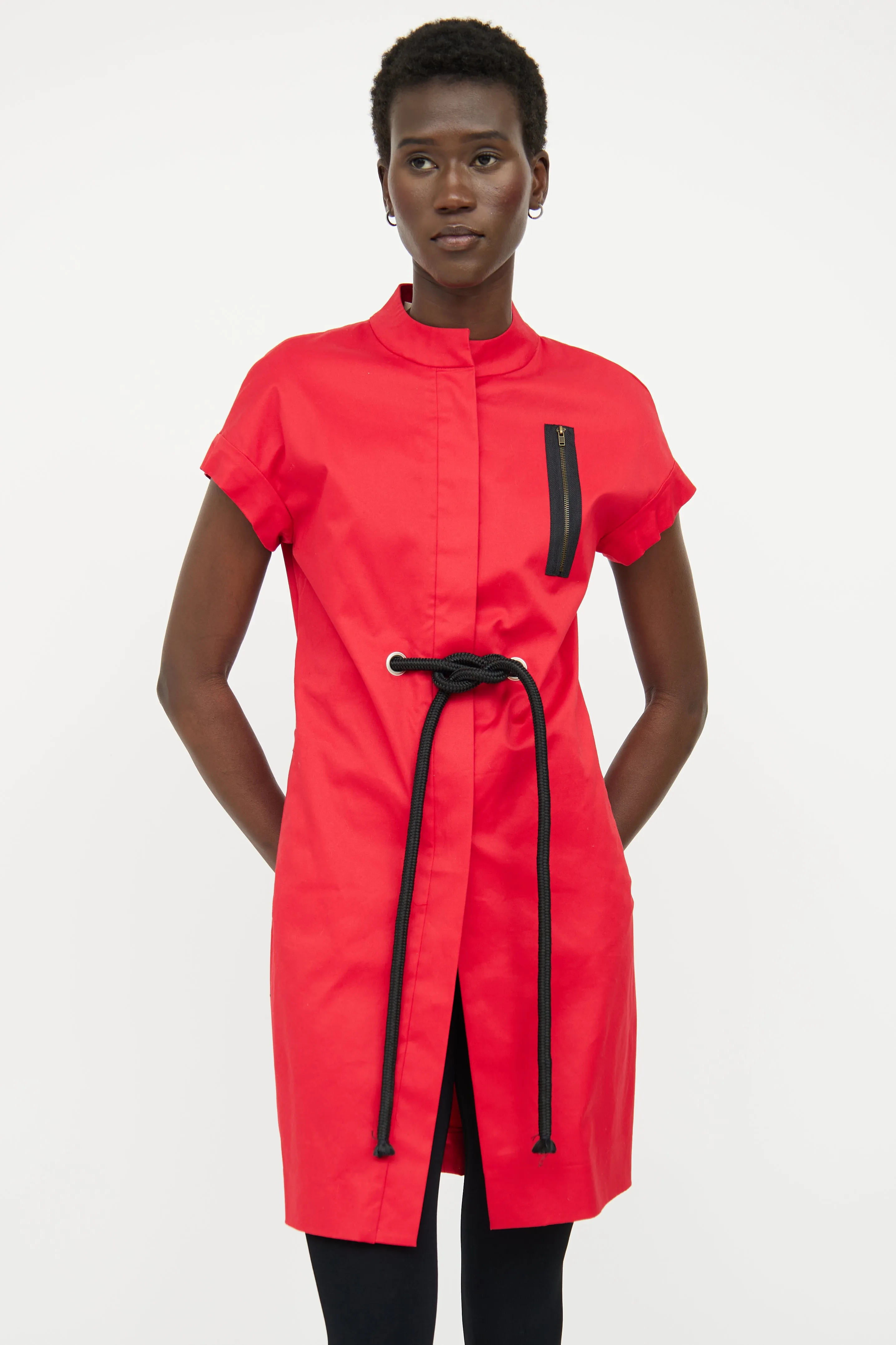 Red Button Cord Modern Collar Dress