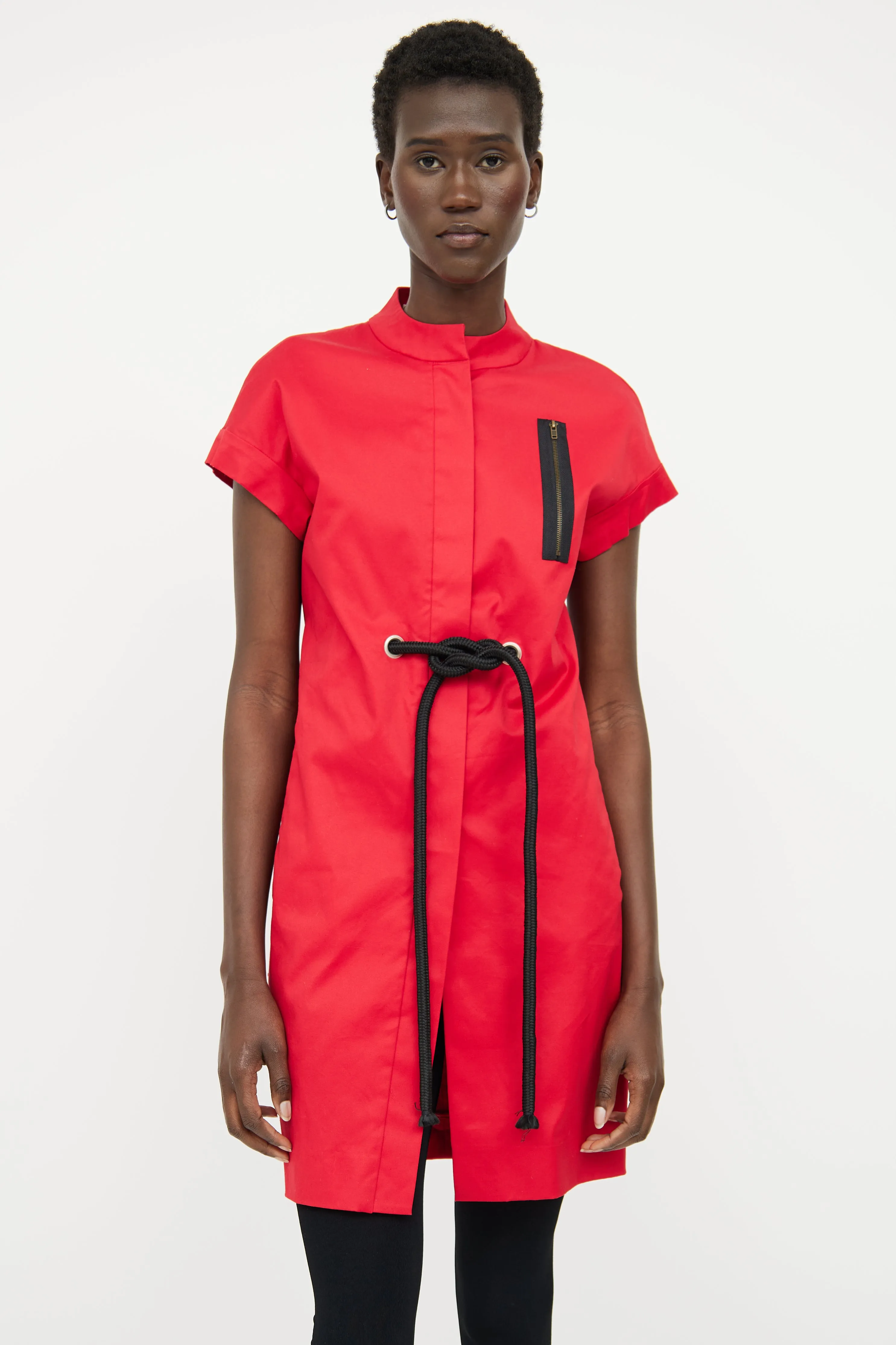 Red Button Cord Modern Collar Dress