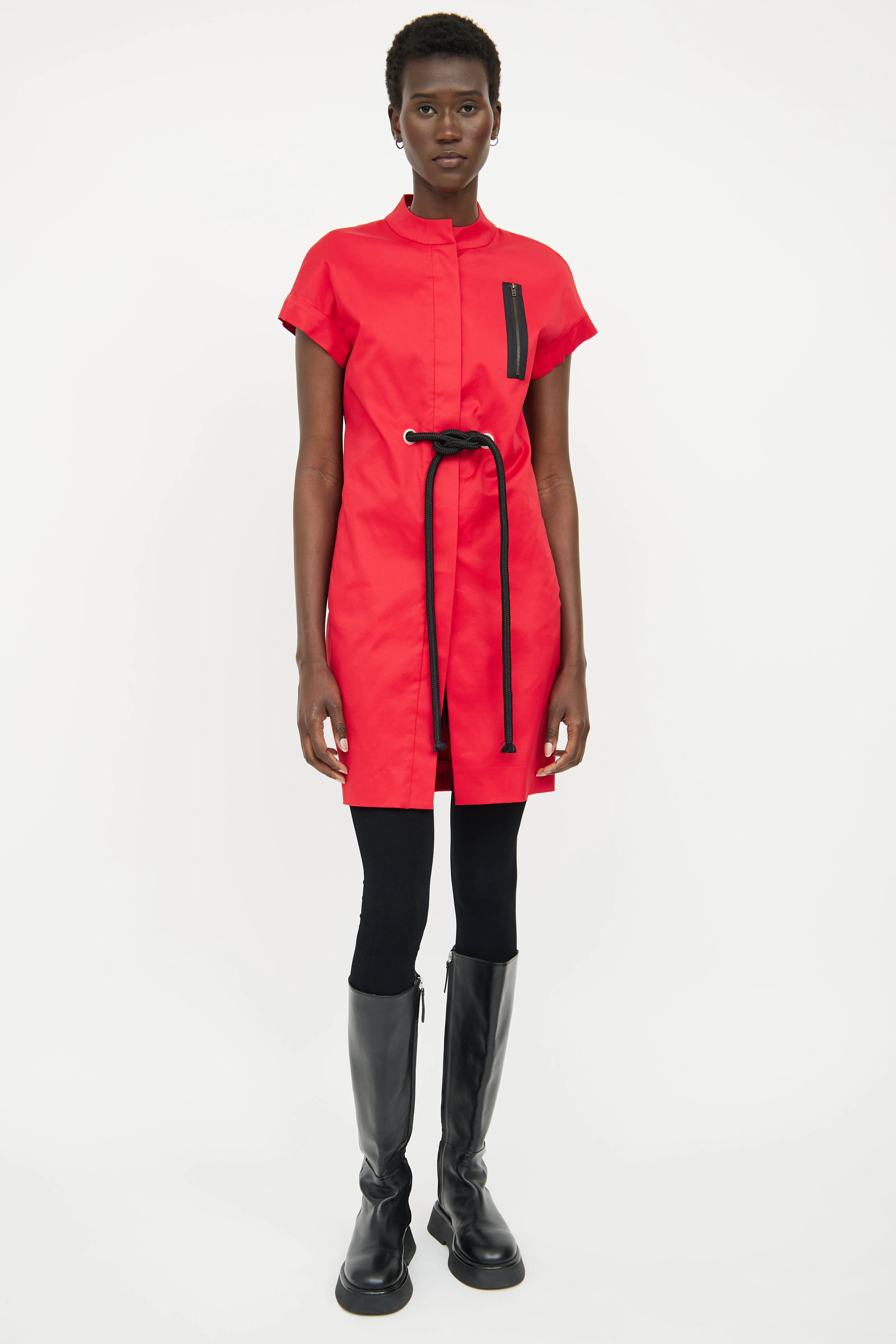 Red Button Cord Modern Collar Dress