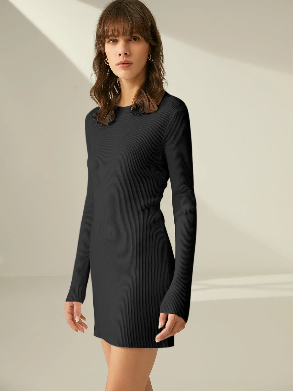 Ribbed Crewneck Graceful Sweater Dress