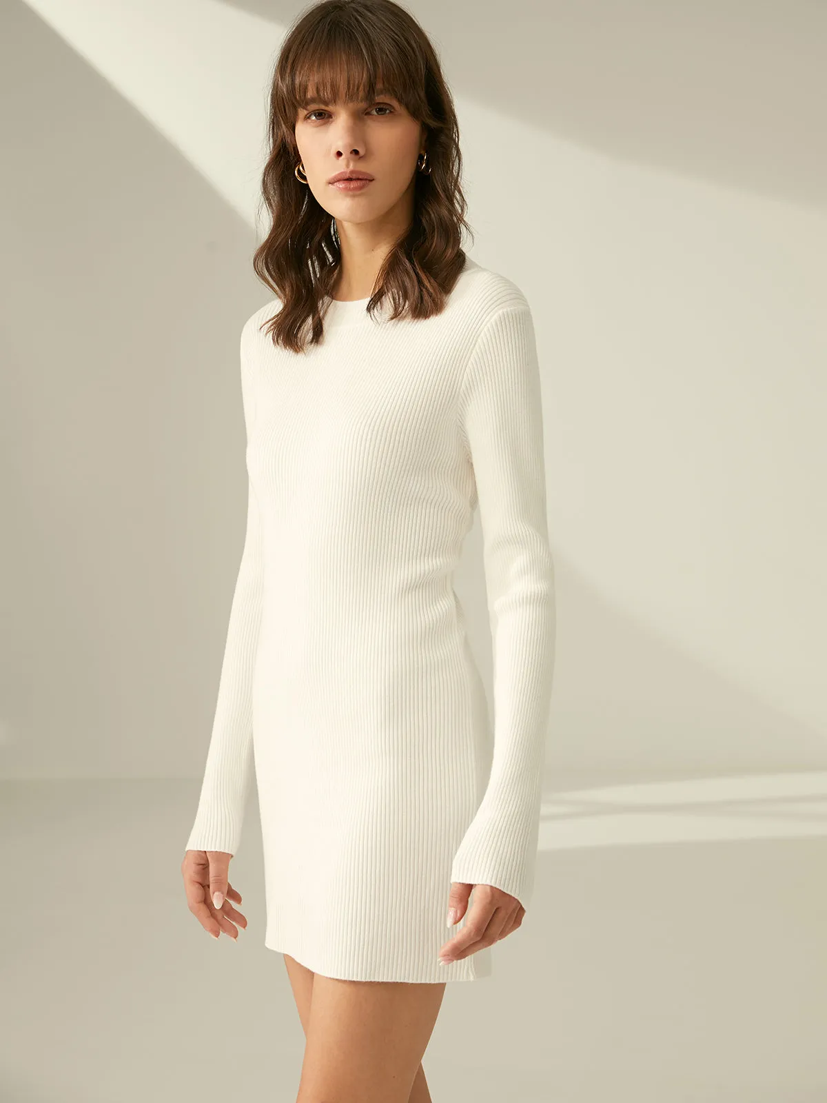 Ribbed Crewneck Graceful Sweater Dress