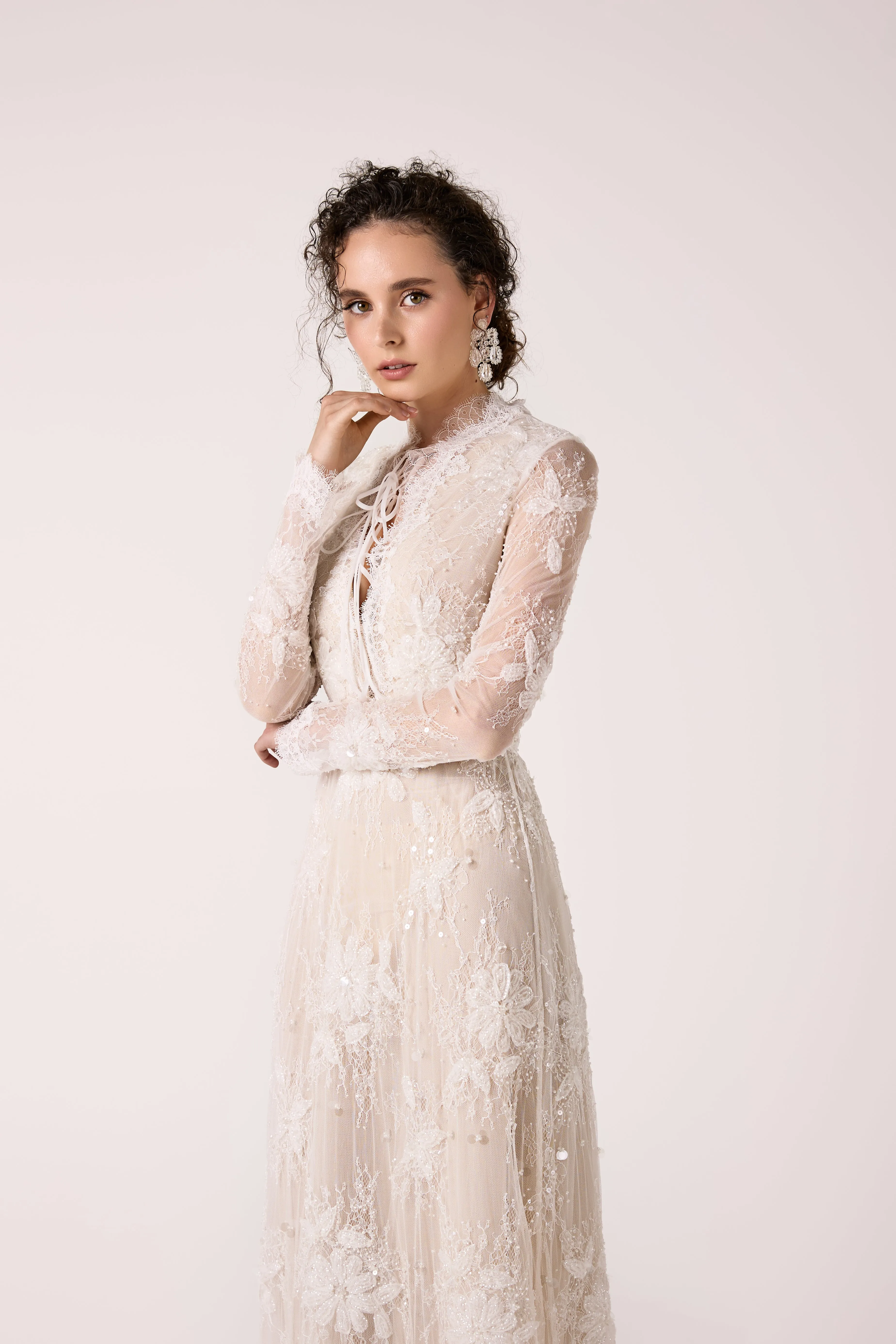 Romantic Sparkling Lace Dress with Nude Undertone and Long Sleeves