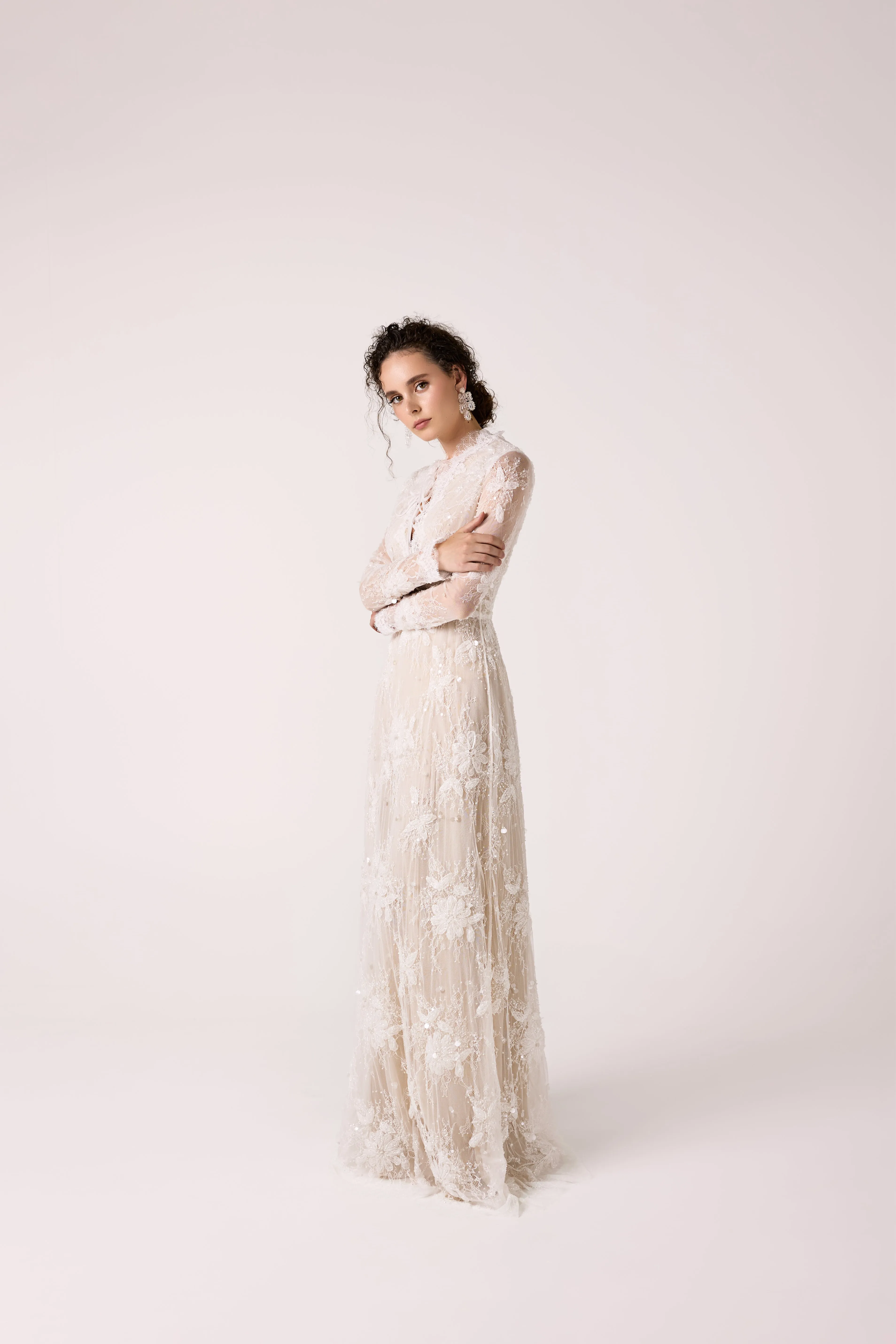 Romantic Sparkling Lace Dress with Nude Undertone and Long Sleeves