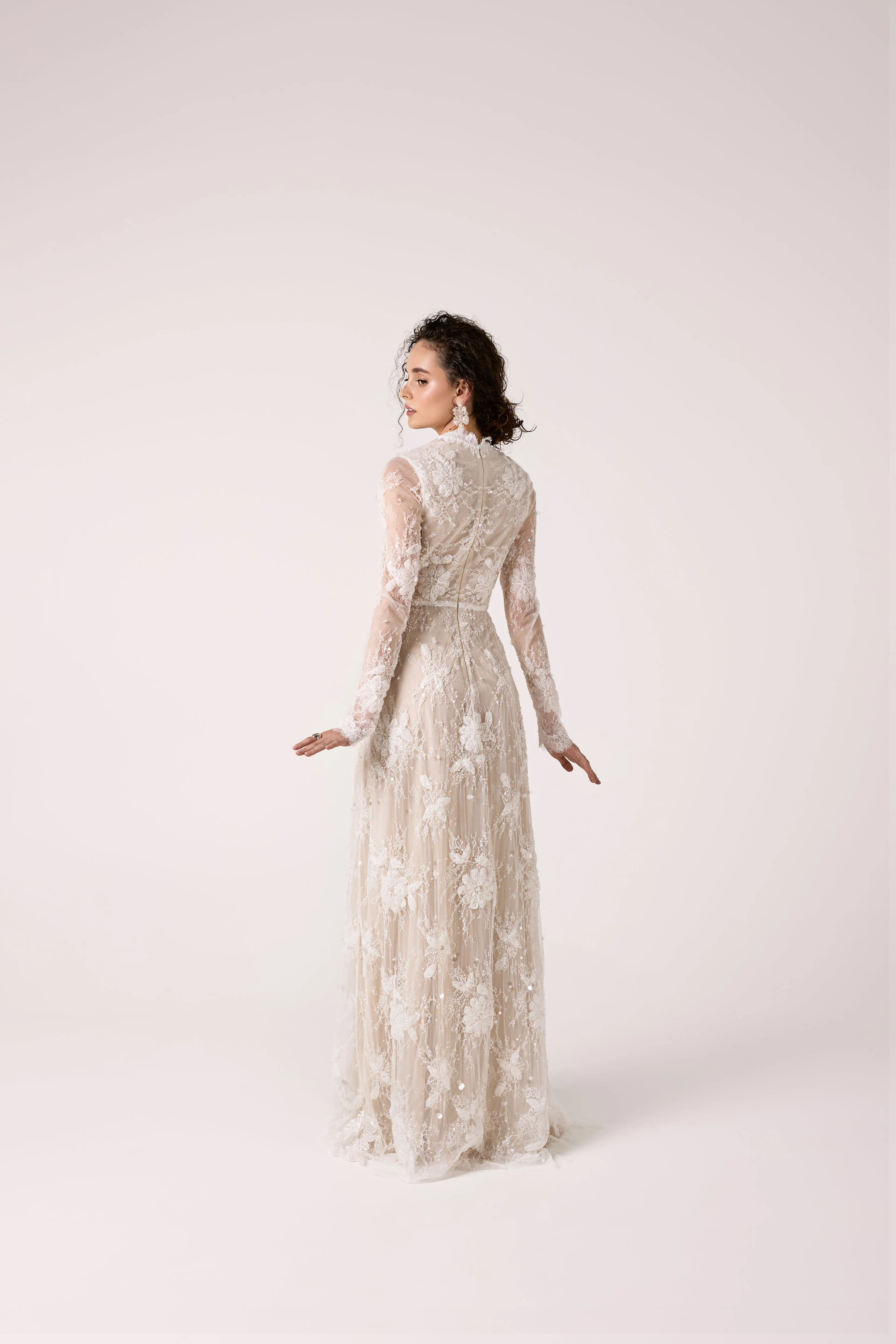 Romantic Sparkling Lace Dress with Nude Undertone and Long Sleeves