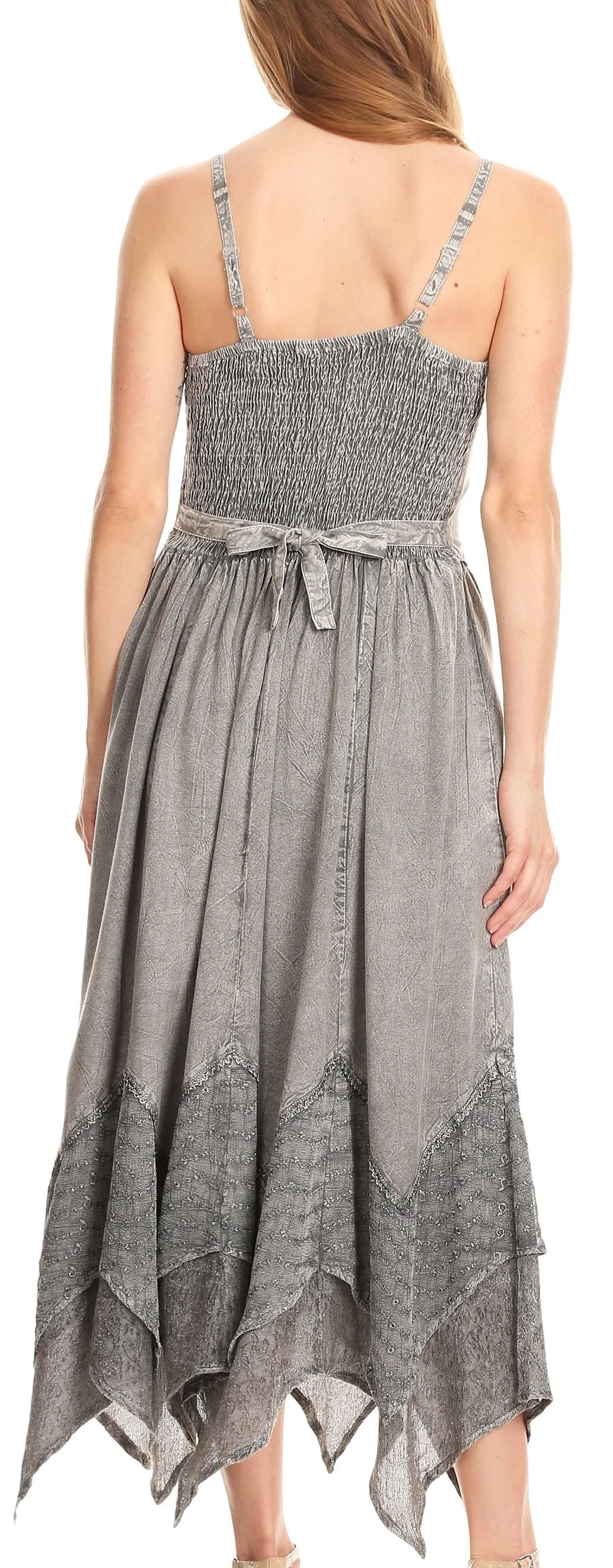 Sakkas Rayon Embroidered Stonewashed Adjustable Spaghetti Straps Long Dress