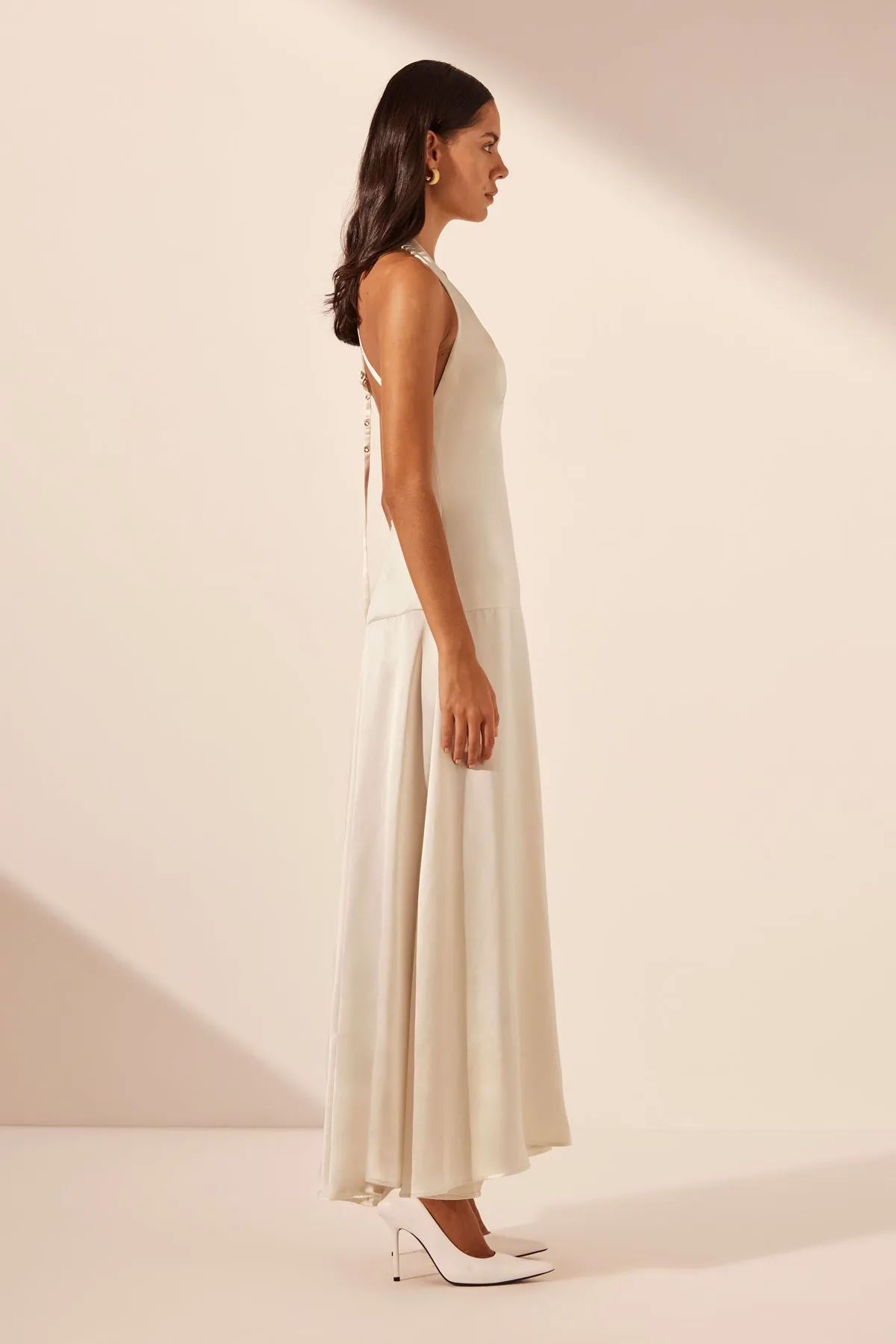 SAVANNA HALTER OPEN BACK MAXI DRESS - PEARL