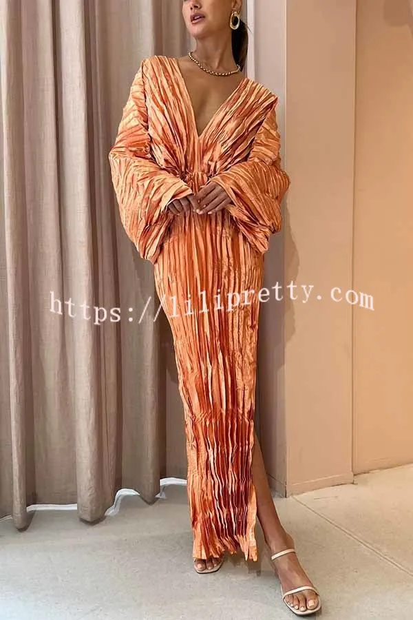 Sculpturally Luxurious Kimono Sleeve Pleated Cocoon Maxi Dress