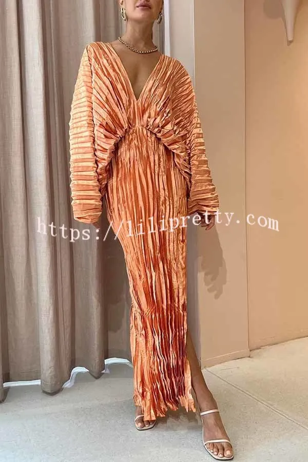 Sculpturally Luxurious Kimono Sleeve Pleated Cocoon Maxi Dress