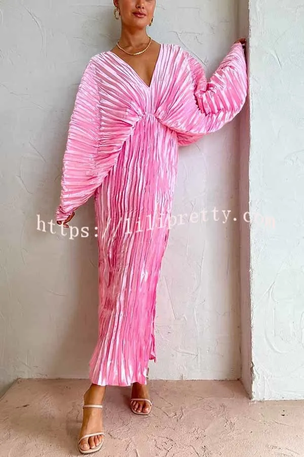 Sculpturally Luxurious Kimono Sleeve Pleated Cocoon Maxi Dress