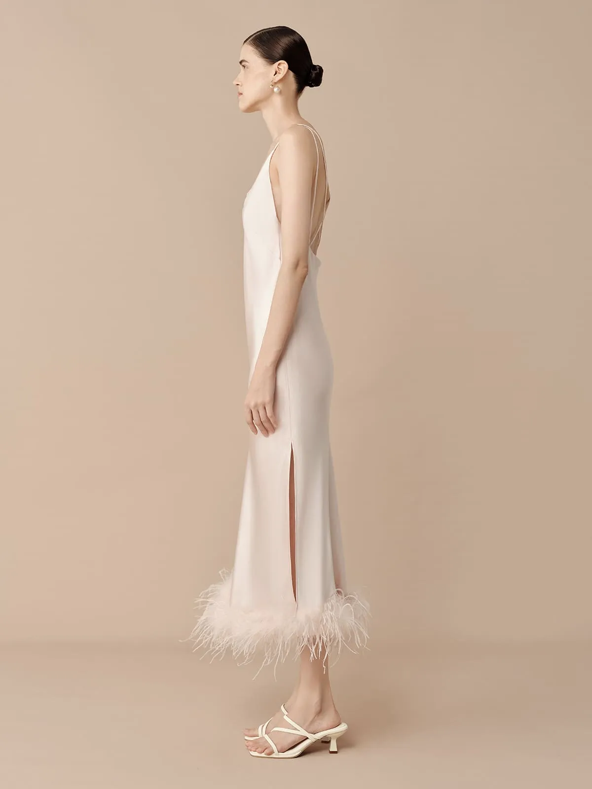 SILKINC Long Silk Slip Dress with Feather Trim