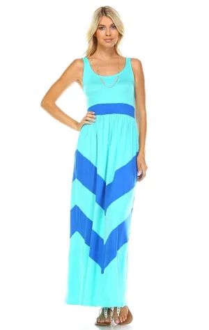 Sleeveless Long Evening Chevron Maxi Dress Mint Aqua / Royal Blue