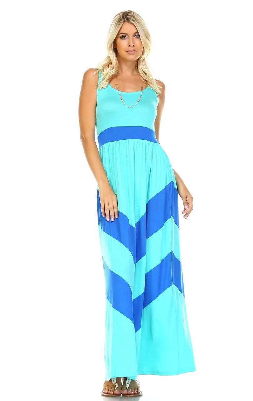 Sleeveless Long Evening Chevron Maxi Dress Mint Aqua / Royal Blue