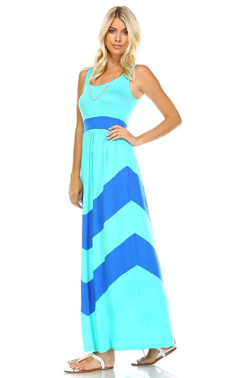 Sleeveless Long Evening Chevron Maxi Dress Mint Aqua / Royal Blue