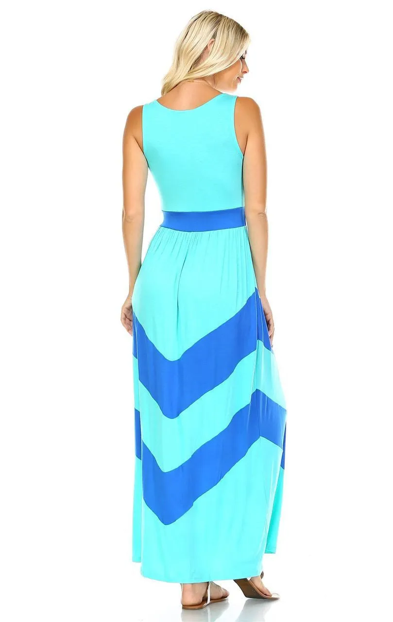 Sleeveless Long Evening Chevron Maxi Dress Mint Aqua / Royal Blue