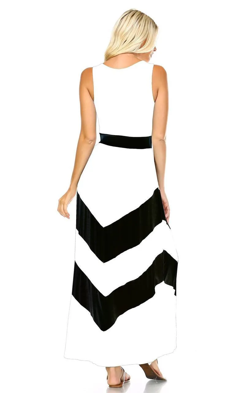 Sleeveless Long Evening Chevron Maxi Dress White Black