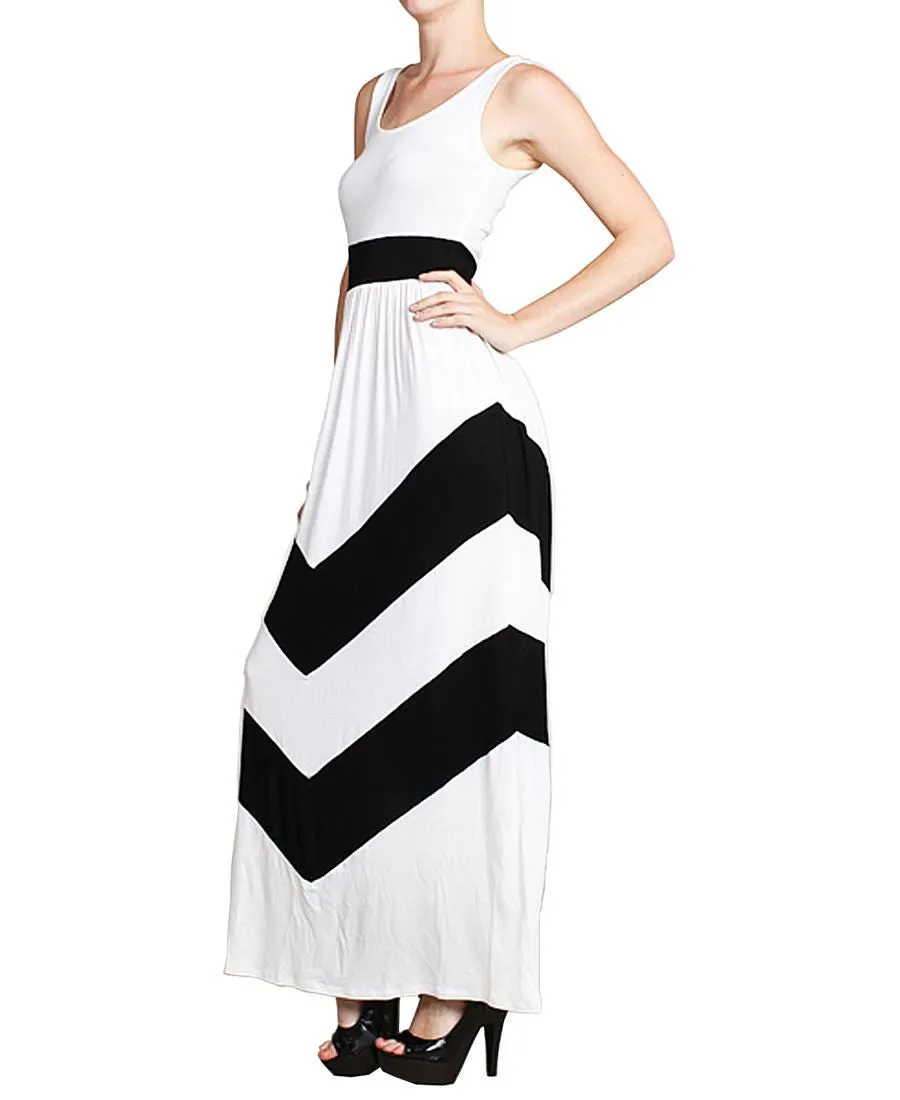 Sleeveless Long Evening Chevron Maxi Dress White Black