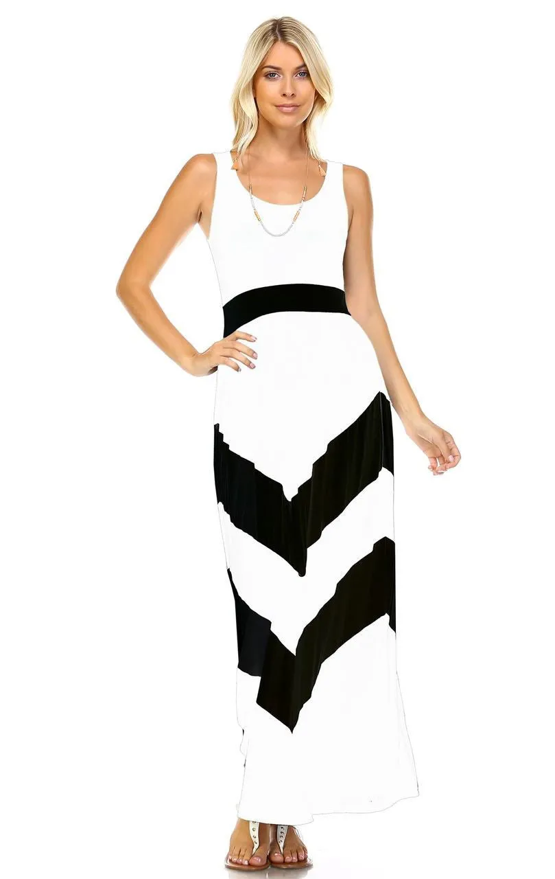 Sleeveless Long Evening Chevron Maxi Dress White Black