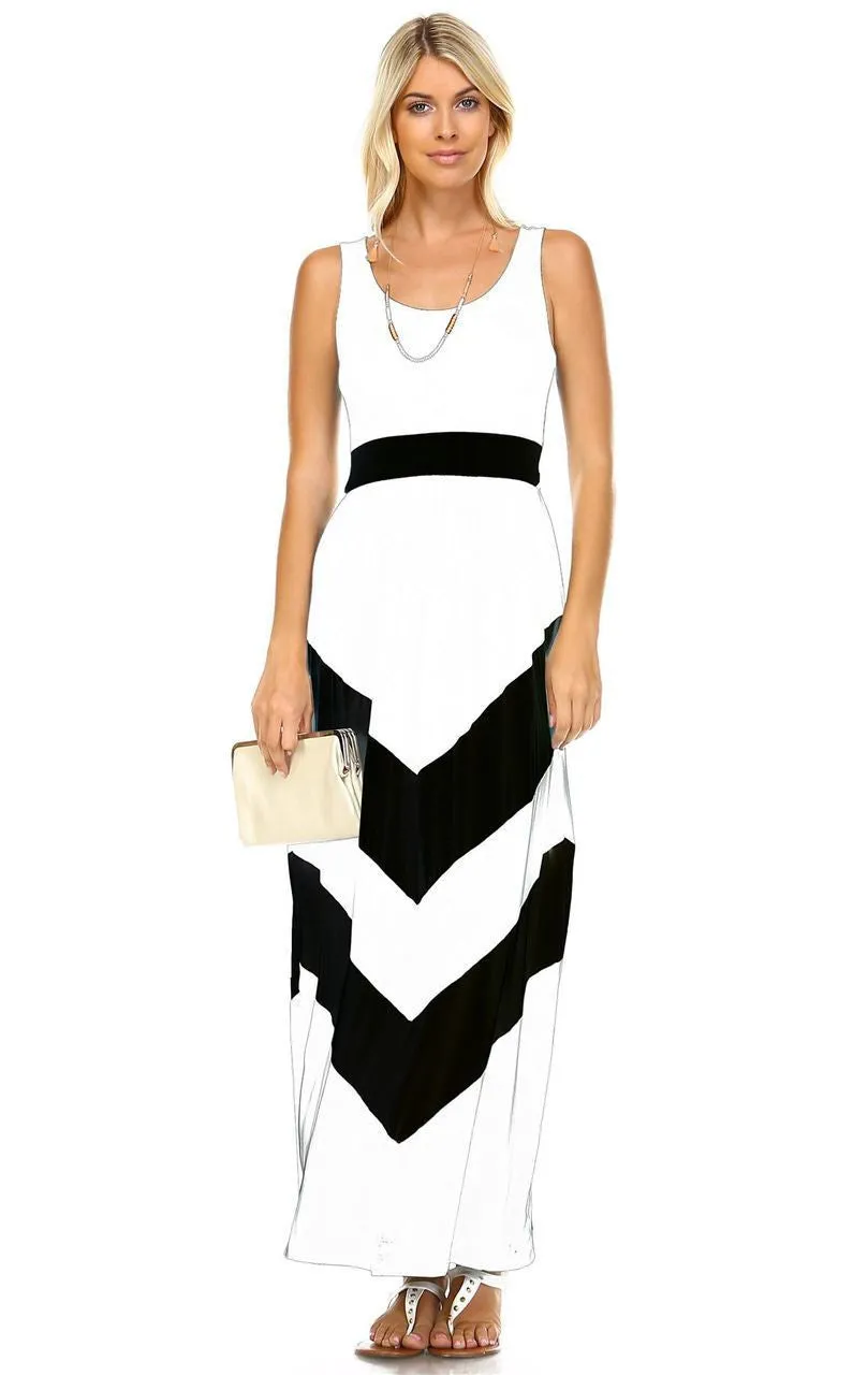 Sleeveless Long Evening Chevron Maxi Dress White Black