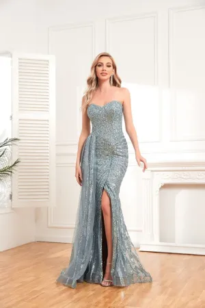 Smoky Blue Luxurious Sequined Long Evening Dress