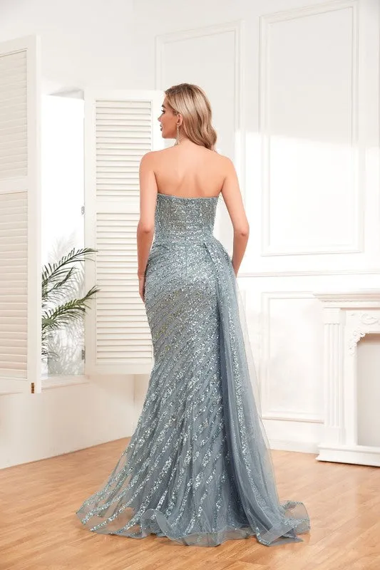 Smoky Blue Luxurious Sequined Long Evening Dress