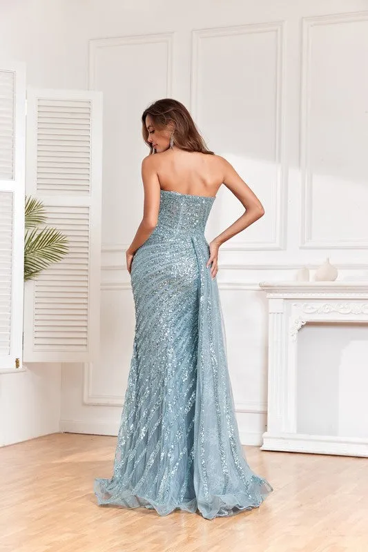 Smoky Blue Luxurious Sequined Long Evening Dress