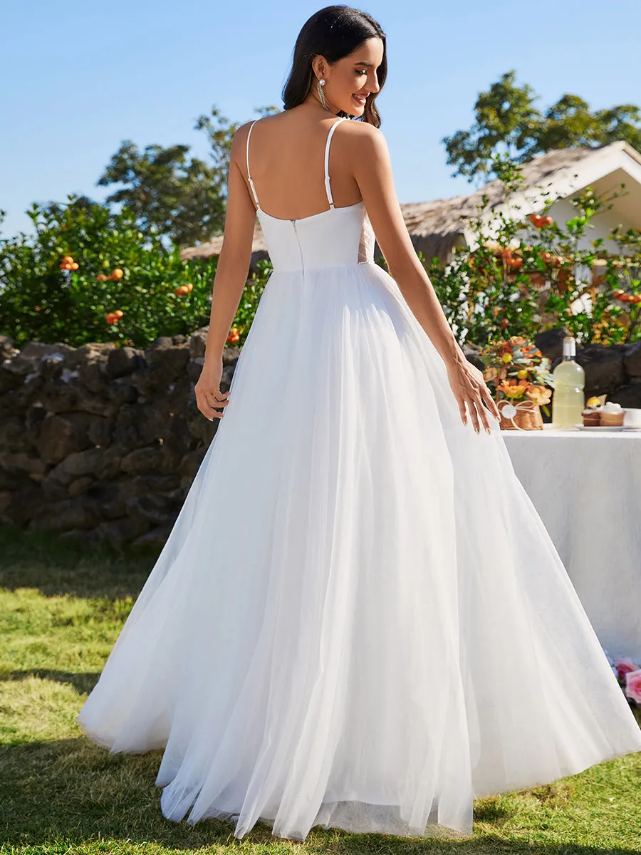 Spaghetti Straps Sleeveless Tulle Pearl Beaded Wholesale Wedding Dress