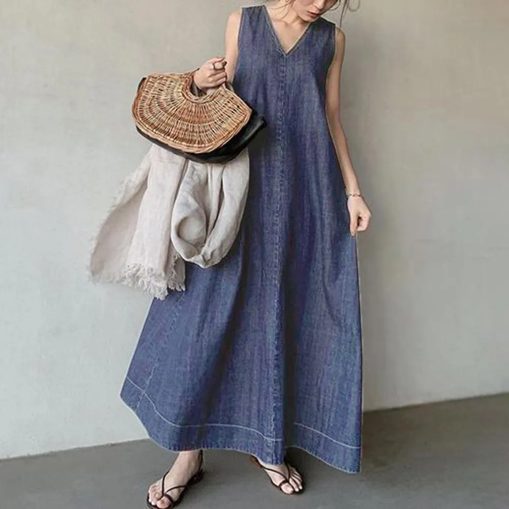 Summer Cozy DenimLace Up Back Long Dresses