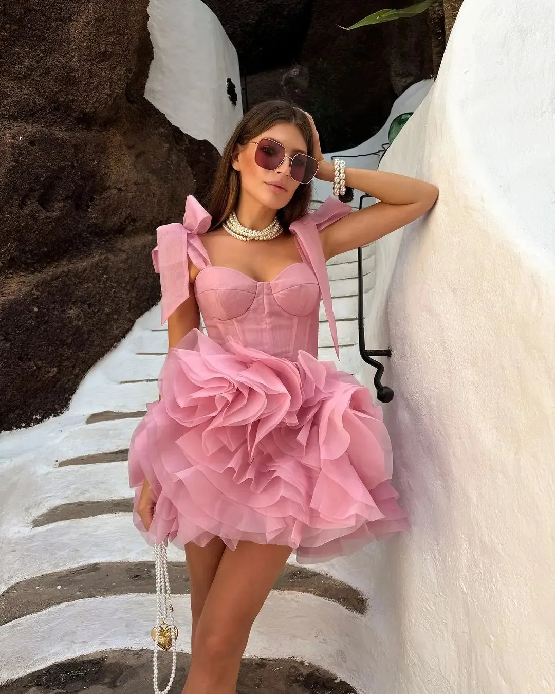 TAVIMART  -  Robes de soirée Trendy Pink Prom Short Dress 2024 New Ruffled Organza Above Knee Birthday Party Dresses Sleeveless Cocktail Gown