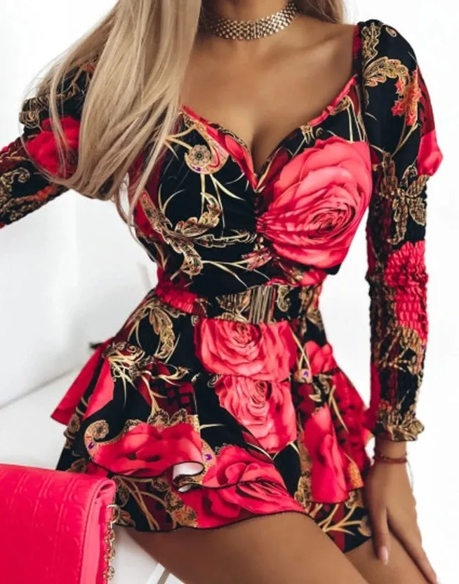 Trendy Red Floral Print Party Dress