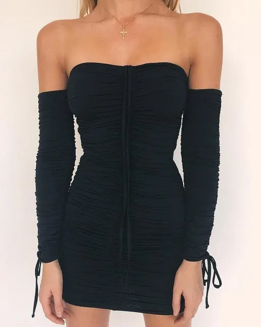 Trendy Sexy Off The Shoulder Long Sleeve Elastic  Party Dress