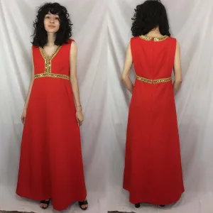 Vintage 1970s | Orange & Gold MOD Groovy Maxi Dress | Size M