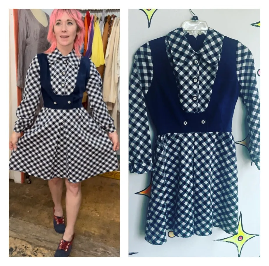 Vintage 60s 70s | Navy Groovy GoGo Mod Gingham Mini Dress | Size S