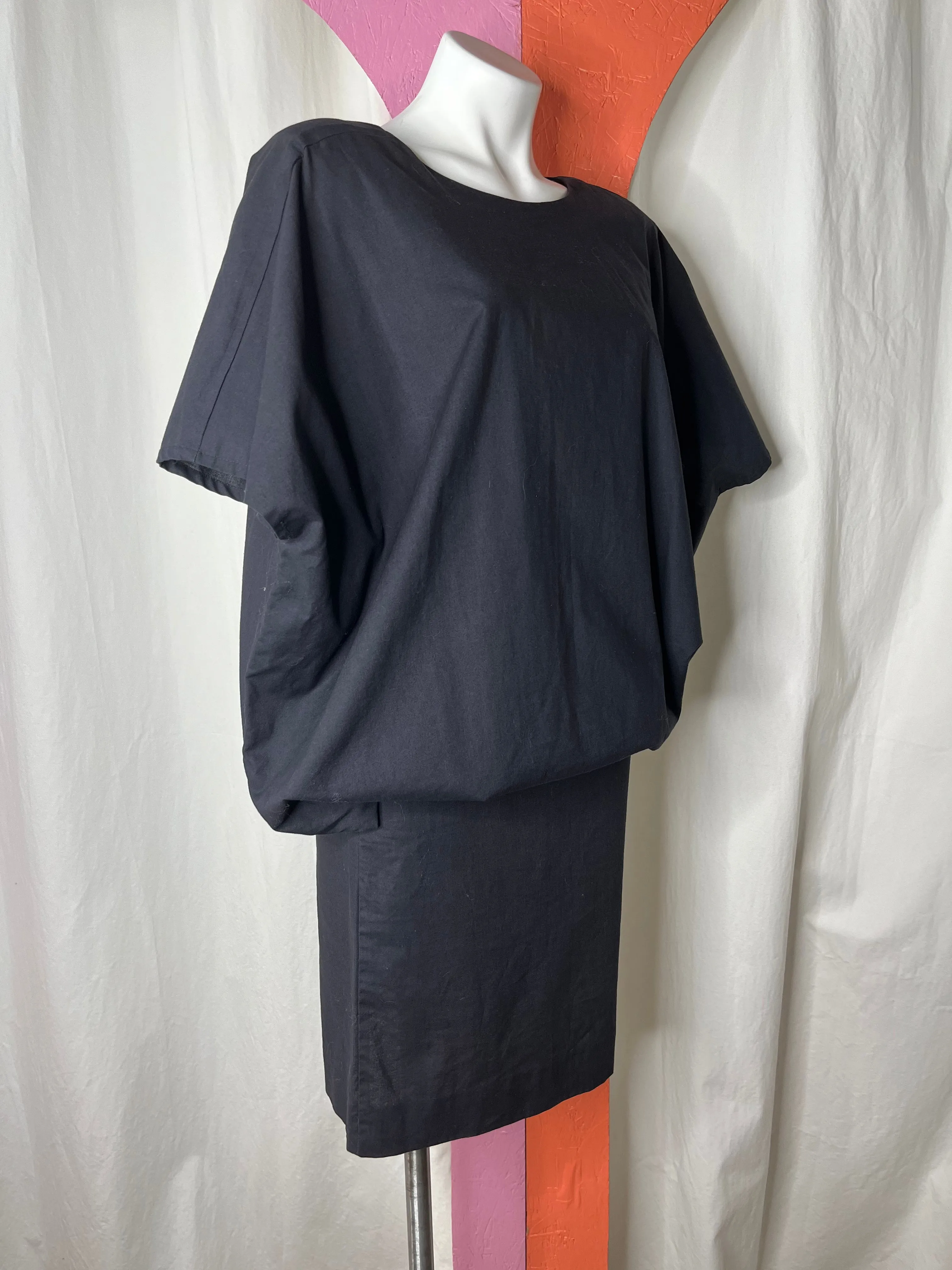 Vintage 80s | Black Oversized Sculptural Dolman Cape Dress | Size S M